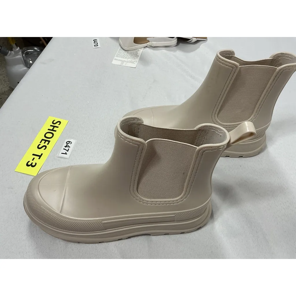 Womans NWD Pullon Chunky Ankle Rubber Boots 10 Beige Round Toe Elastic Ankle Tan - Image 3