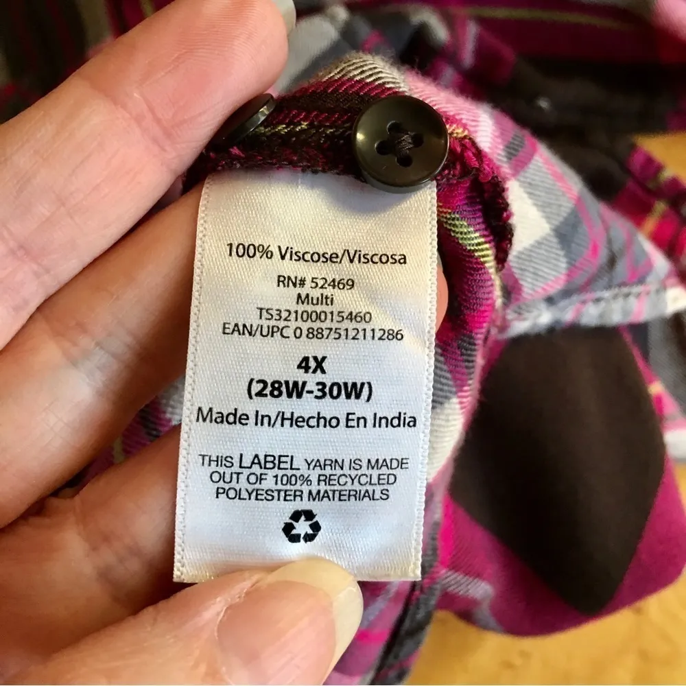 Terra & Sky Plaid Button Down Blouse, Pink, Black, Size 4X - Image 5