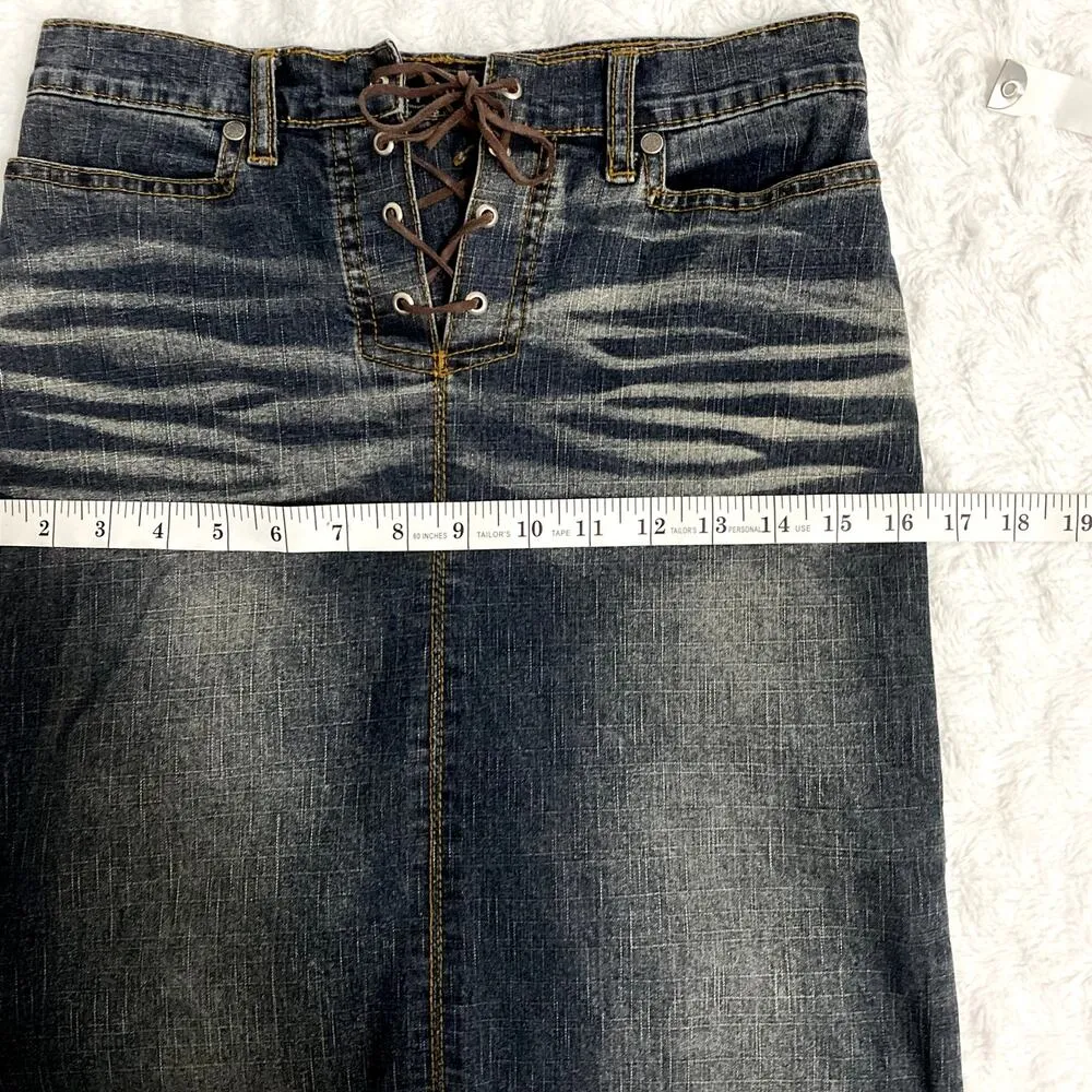 Vintage Y2K Street Code Blue Dark Wash Denim Lace Up Boho Midi Skirt 3/4 - Image 6