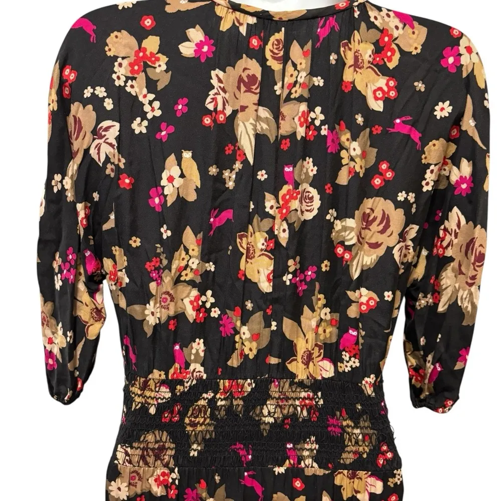 Kate Spade Floral Bouquet Silk Twill Midi Dress Sz XS Smocked Tiered Fall Love - Image 8