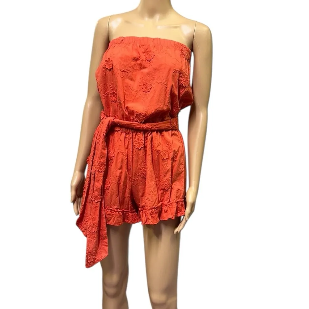 Loft Cotton Orange Beach Floral Embroidery Strapless Romper Tie Belted Womens XS - Image 3