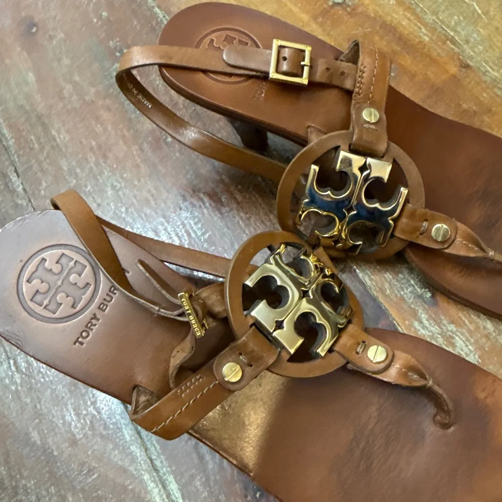 Tory Burch Brown Gold Miller Logo Sandals Size 7 Luxury Designer Heels Summer - Image 2