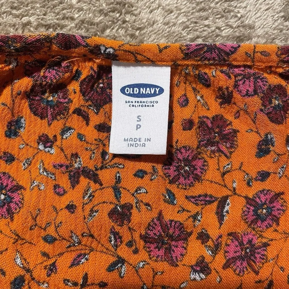 Old Navy Blouse Womens Small Orange Floral Long Sleeve Tunic Peasant Tassel Rayo - Image 2