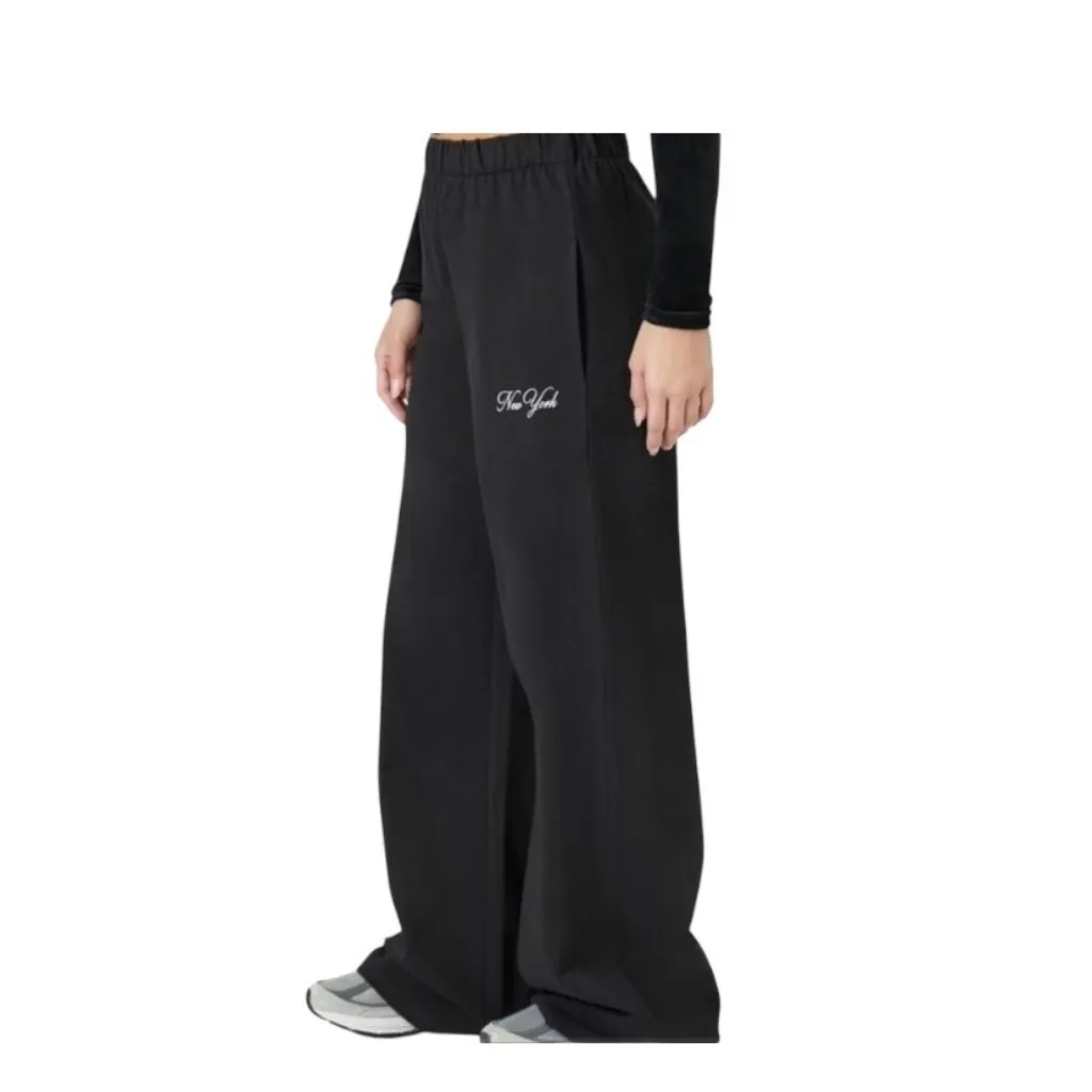 Forever 21 New York Embroidered Wide Leg Sweatpants Black Size XL Casual Cozy - Image 7