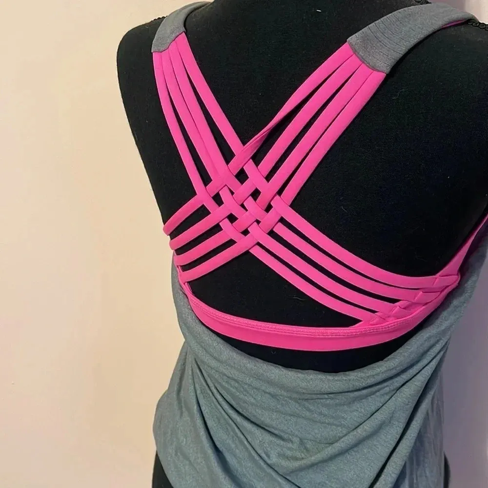 Lululemon Gray and Pink tank top built in bra cross cross detail back sz 2 - Image 2