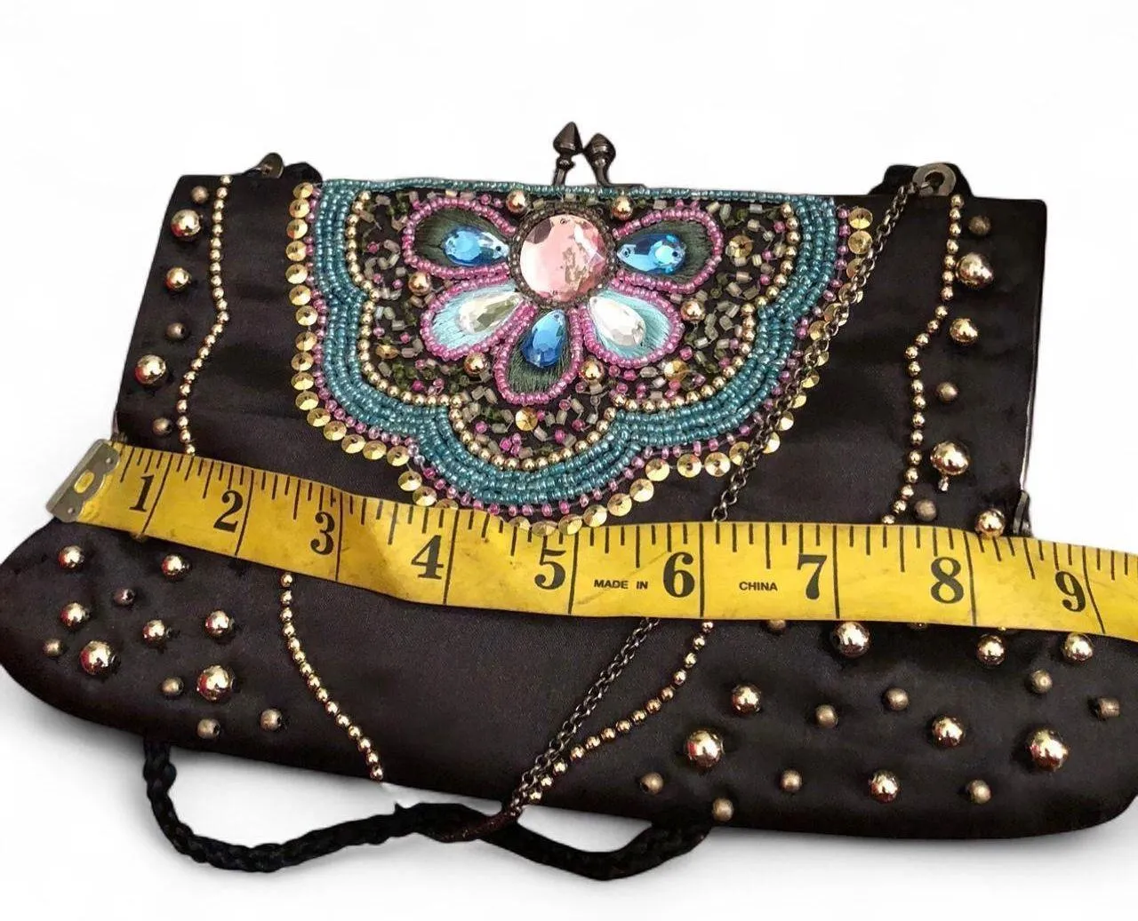 2000s Y2K Fairy Beaded Butterfly Black gold clutch shoulder hand bag purse #glamour #mermaid Measurement in pics - Image 4
