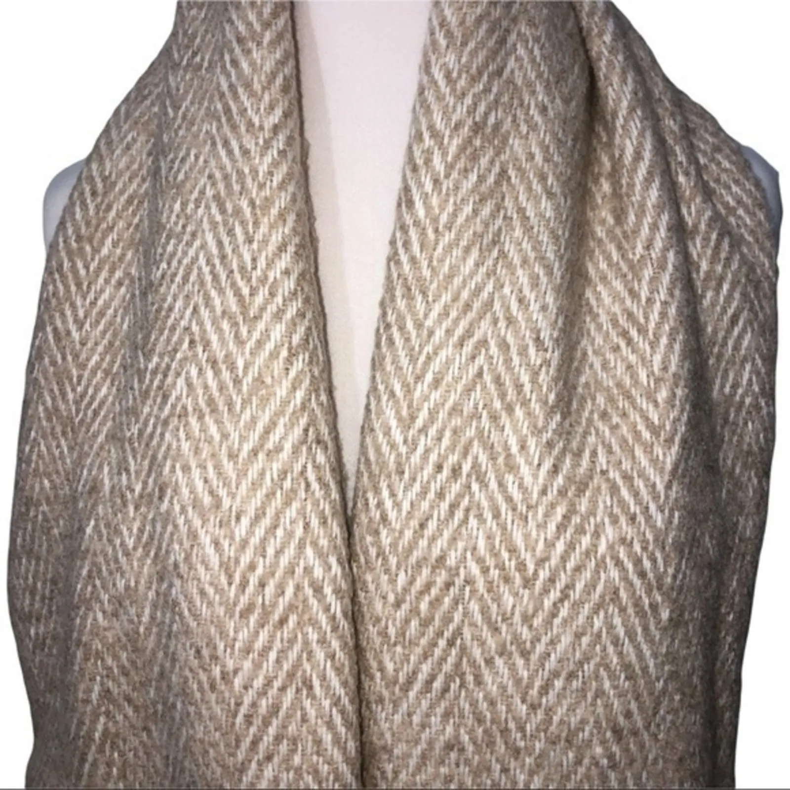 Amicale Cashmere / Wool Blend Herringbone Scarf Tan - Image 4