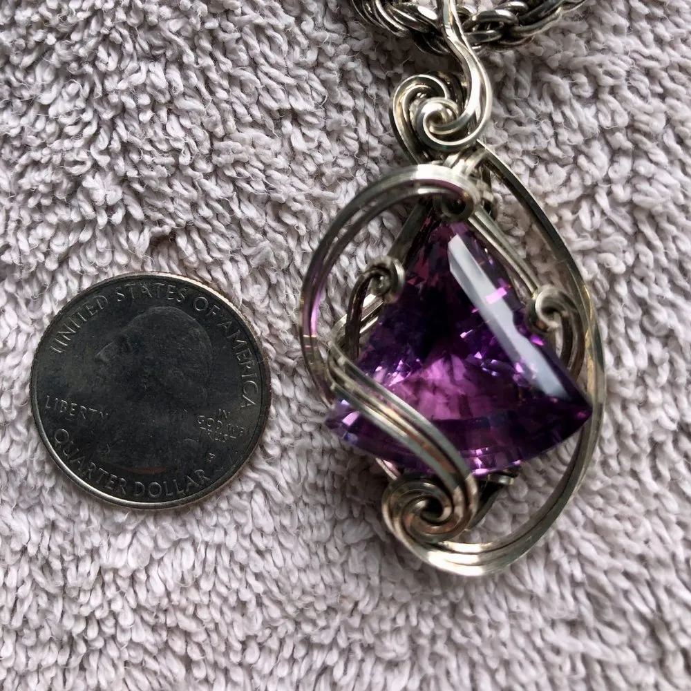 Artisan Wire Wrapped Sterling Silver Amethyst Medallion Pendant Custom Made Purple - Image 5