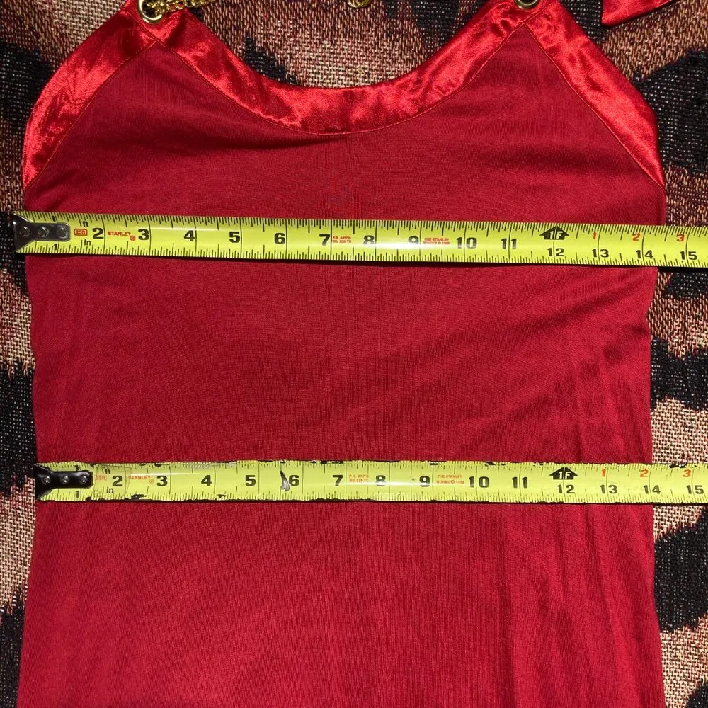 Vtg Y2K red halter babydoll party club top gold chains rave embellished ribbon S - Image 4