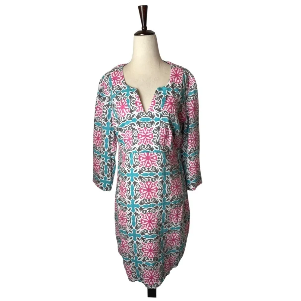 Boden Dress Women 8 Blue Pink Geometric Print Linen Tunic Mini Preppy Boho - Image 2