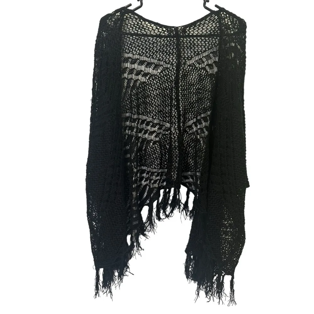 Bear Dance Black Shawl Look Open Front Fringed Cardigan Crochet Knit Coverups M - Image 7