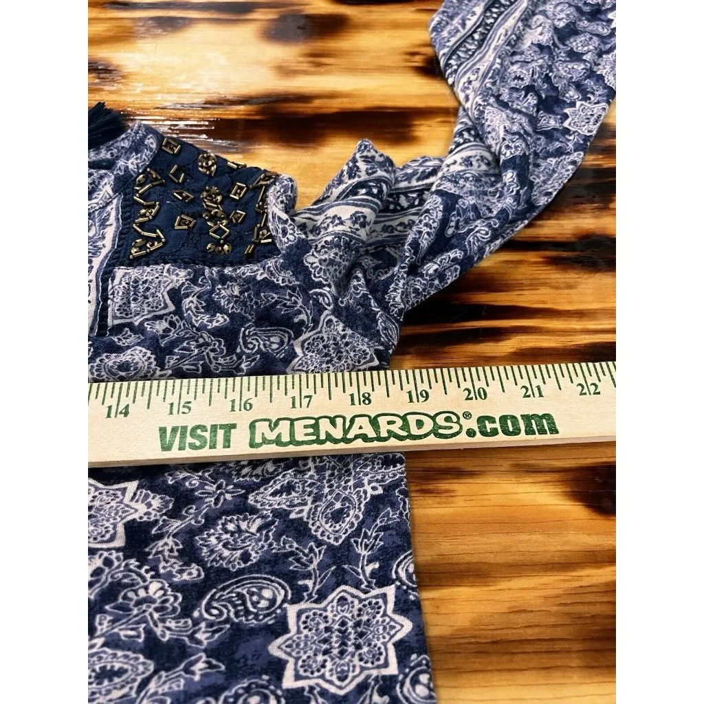 Lucky Brand Womens Top Size XS Blue Beaded Floral‎ Peasant Tassel Ties V-Neck - Image 4
