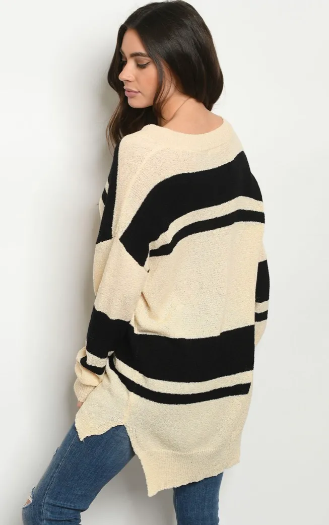 Cream And Black Striped Sweater L Size L - Image 2