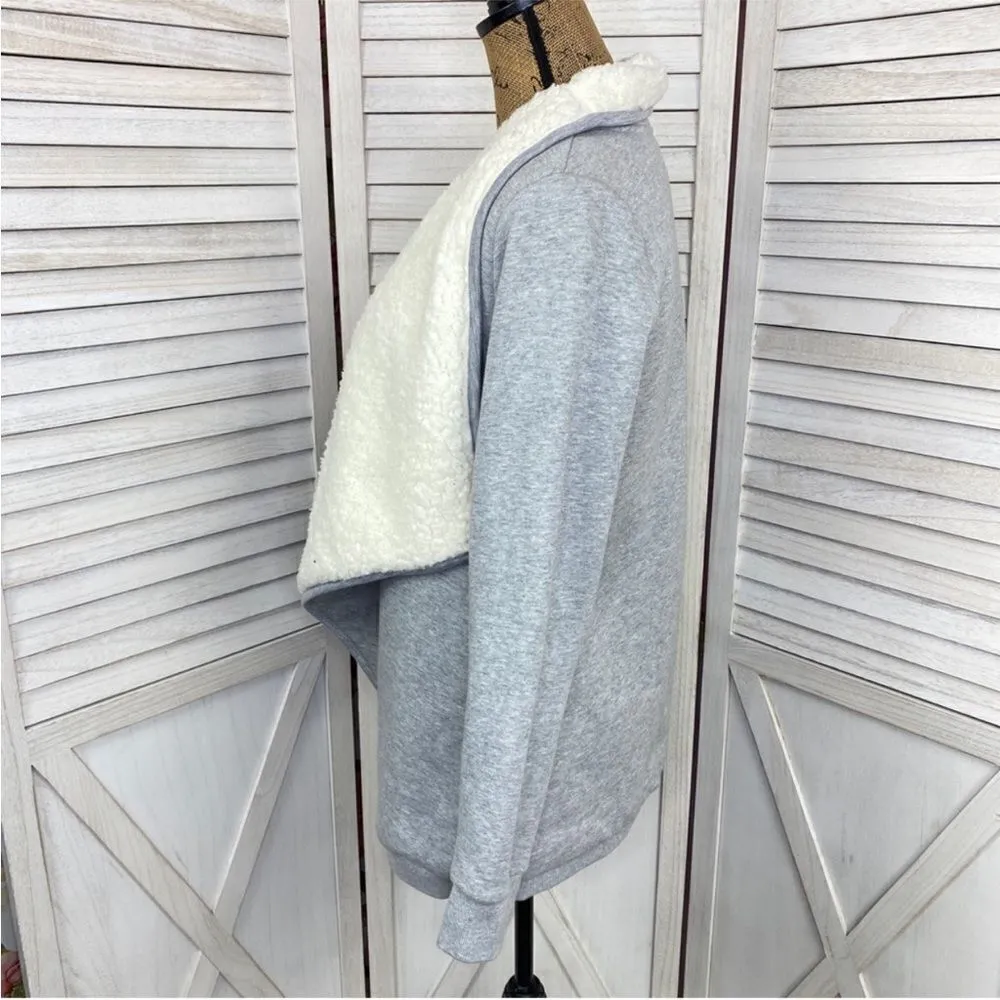 Blank NYC Faux Sherpa Lined Cocoon Jacket Jersey Knit Gray Cream Small Open‎ - Image 2
