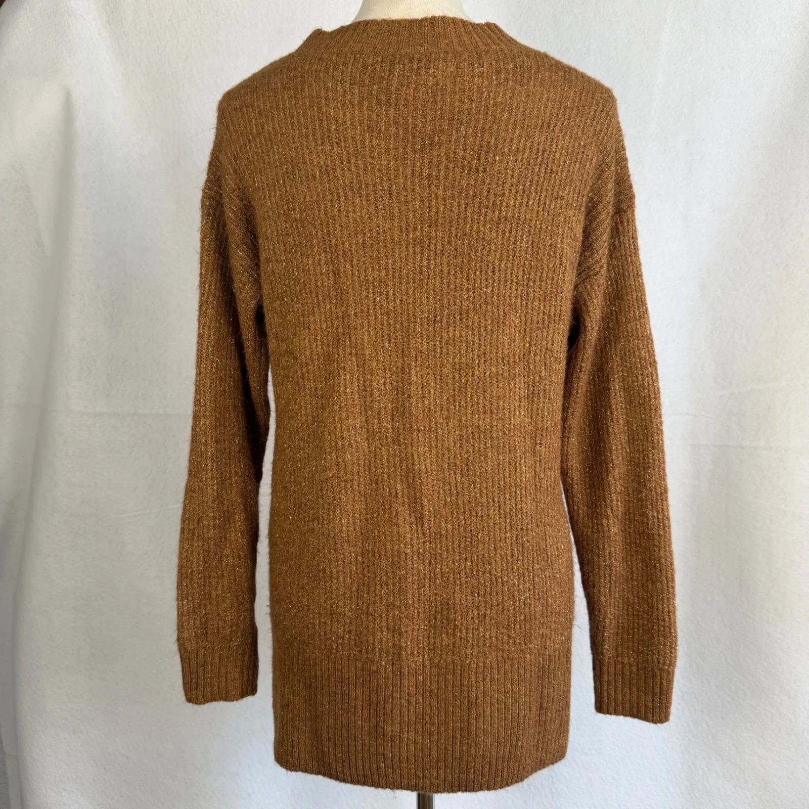 Metallic Sparkle Knit V Neck Long Sleeve Sweater Brown Womens Small Minimalist - Image 5