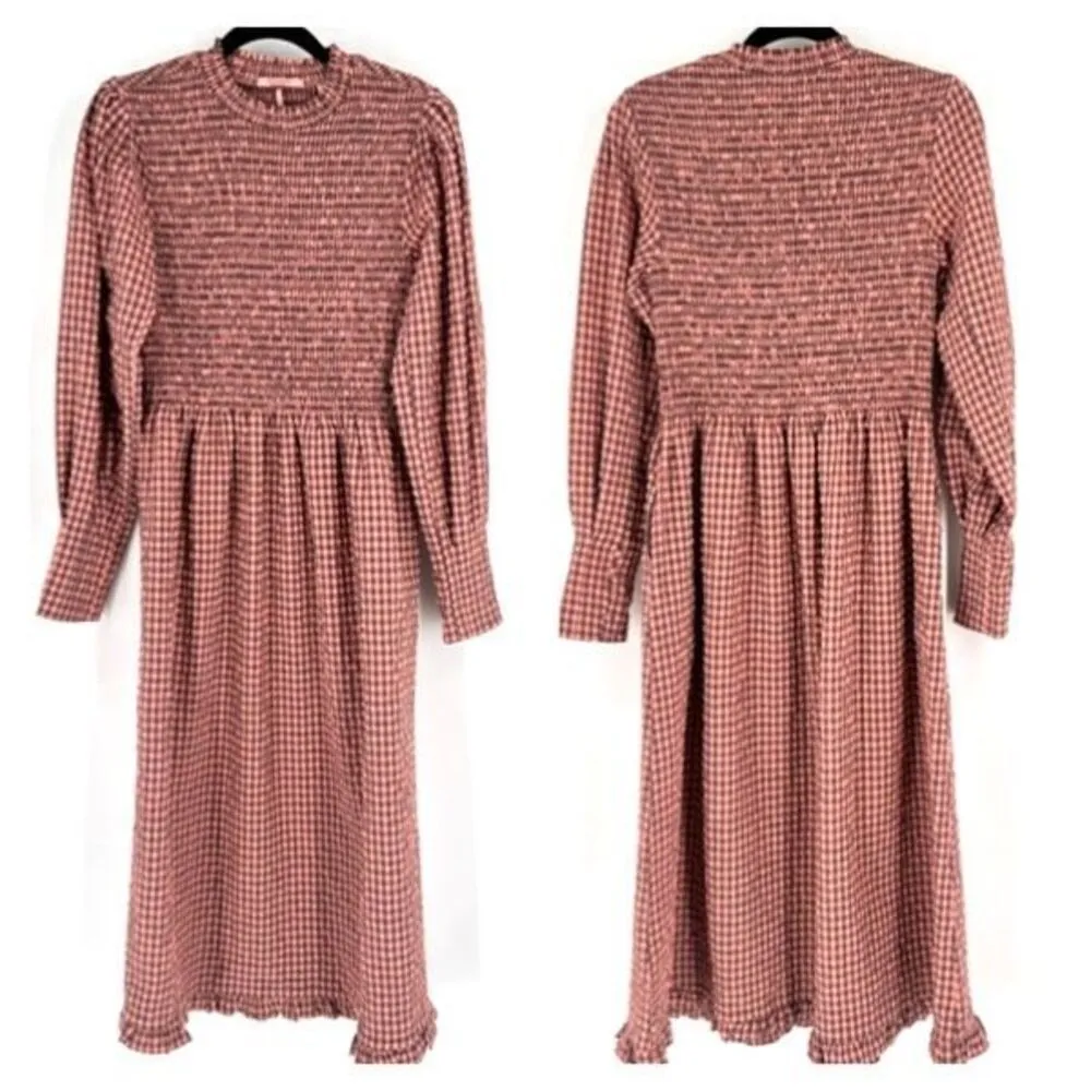 Scotch & Soda Women's Smocked Seersucker Long‎ Sleeve Midi Dress Coral Size XS - Image 3