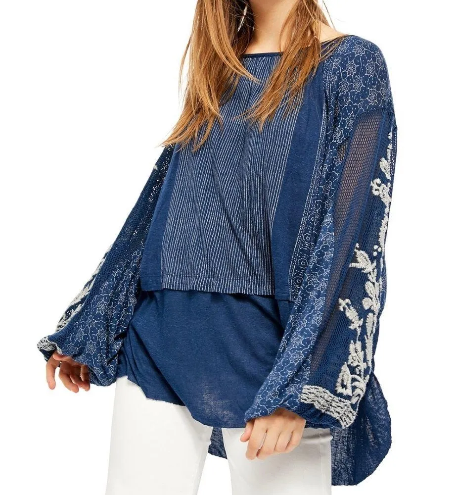 Free People Indigo Dreams Oversized Tunic Top Navy Blue Small NEW Boho Chic - Image 3