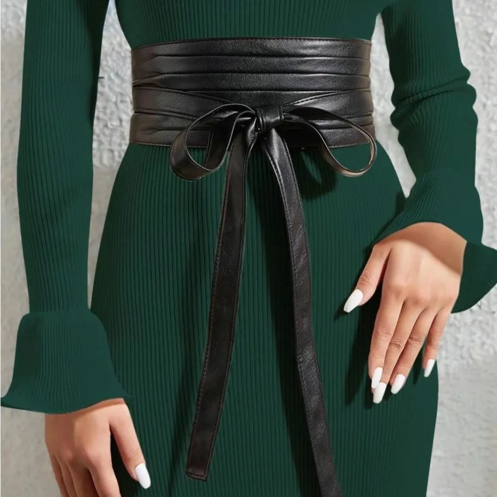 Fashion Lace Up Front Design Wide Belt, Casual Streetwear PU Leather Waist Sash Black - Image 3