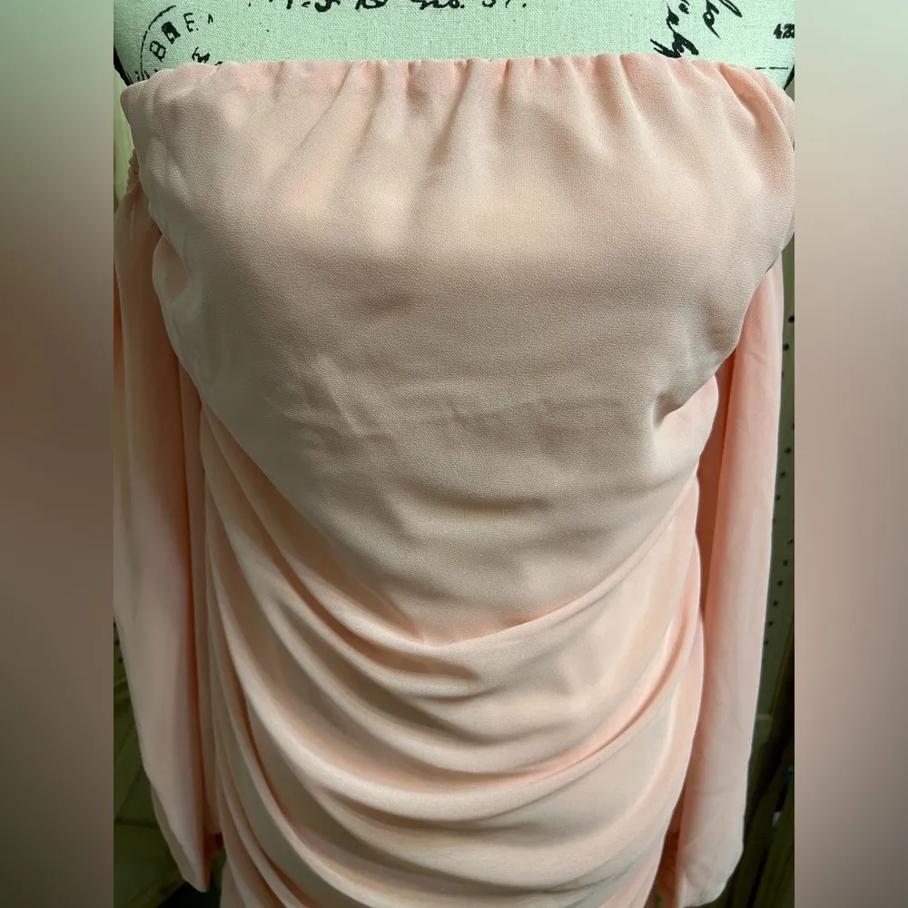 SHEIN Women’s Off The Shoulder Gathered Strapless Pinkish Peach Dress Sz Lg - Image 5