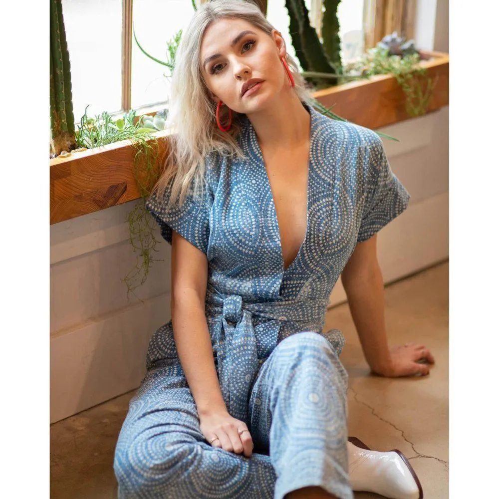 Cleobella Tominaga Indigo Print Short Sleeve Tie Waist Cropped Jumpsuit Romper - Image 2