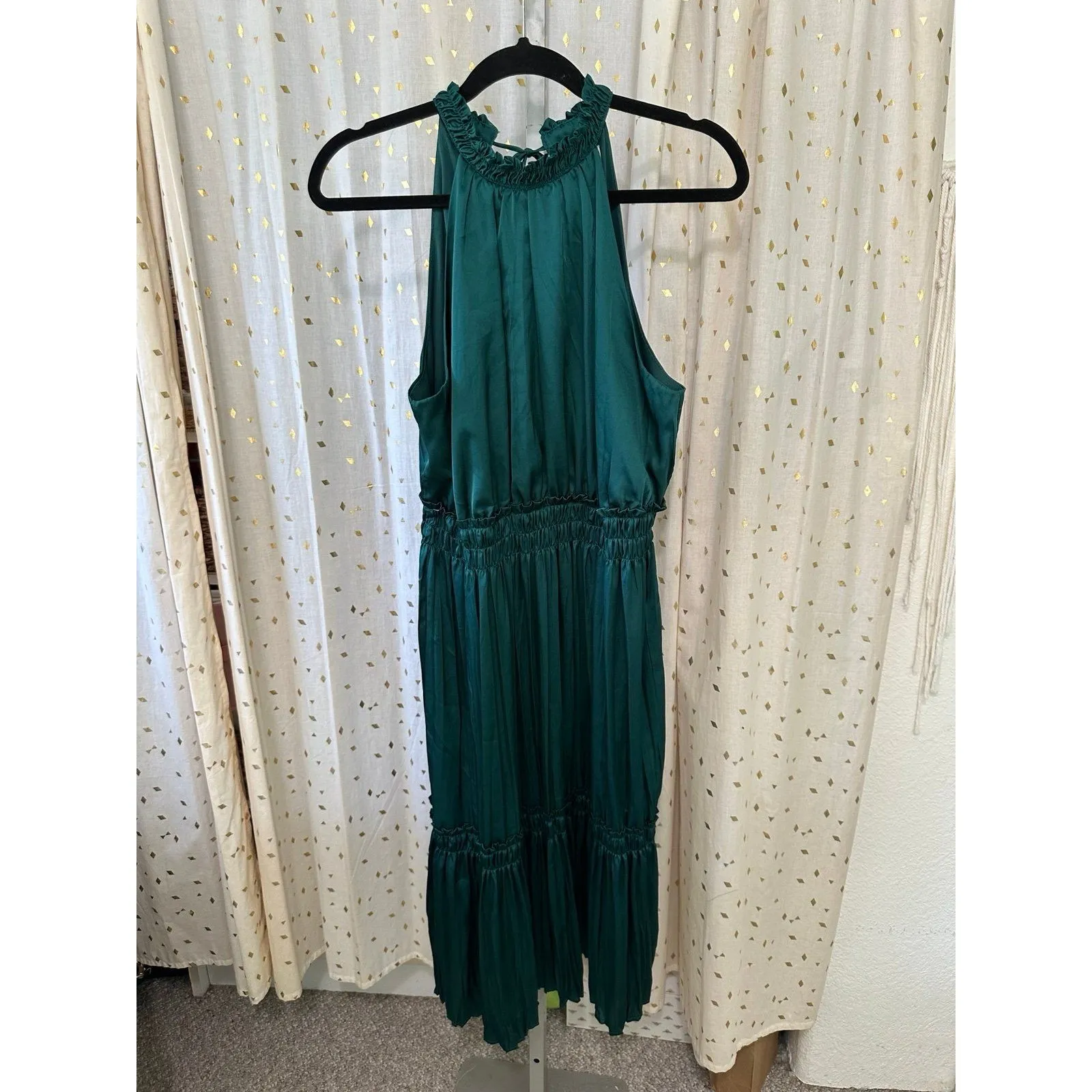 Nicole Miller Women's Silky Satin Tiered Mock Neck Halter Self Tie Midi Dress L - Image 2