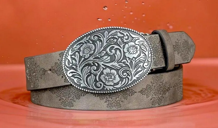 Gray Fashionable Embossed Faux Leather‎ Belt Oval Flower Leaf Buckle Stylish - Image 4