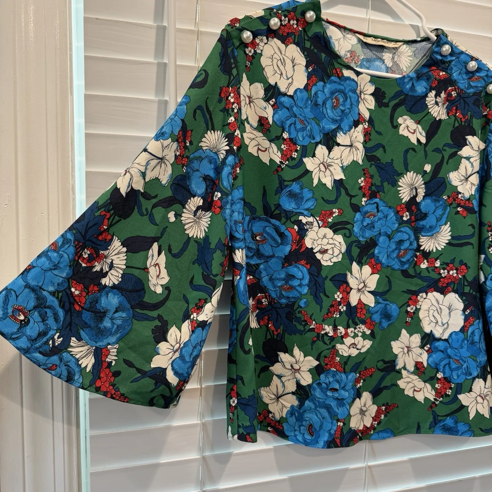 Zara Green Blue White Preppy Floral Bell Sleeve Modest High Neck Blouse Size‎ S - Image 2