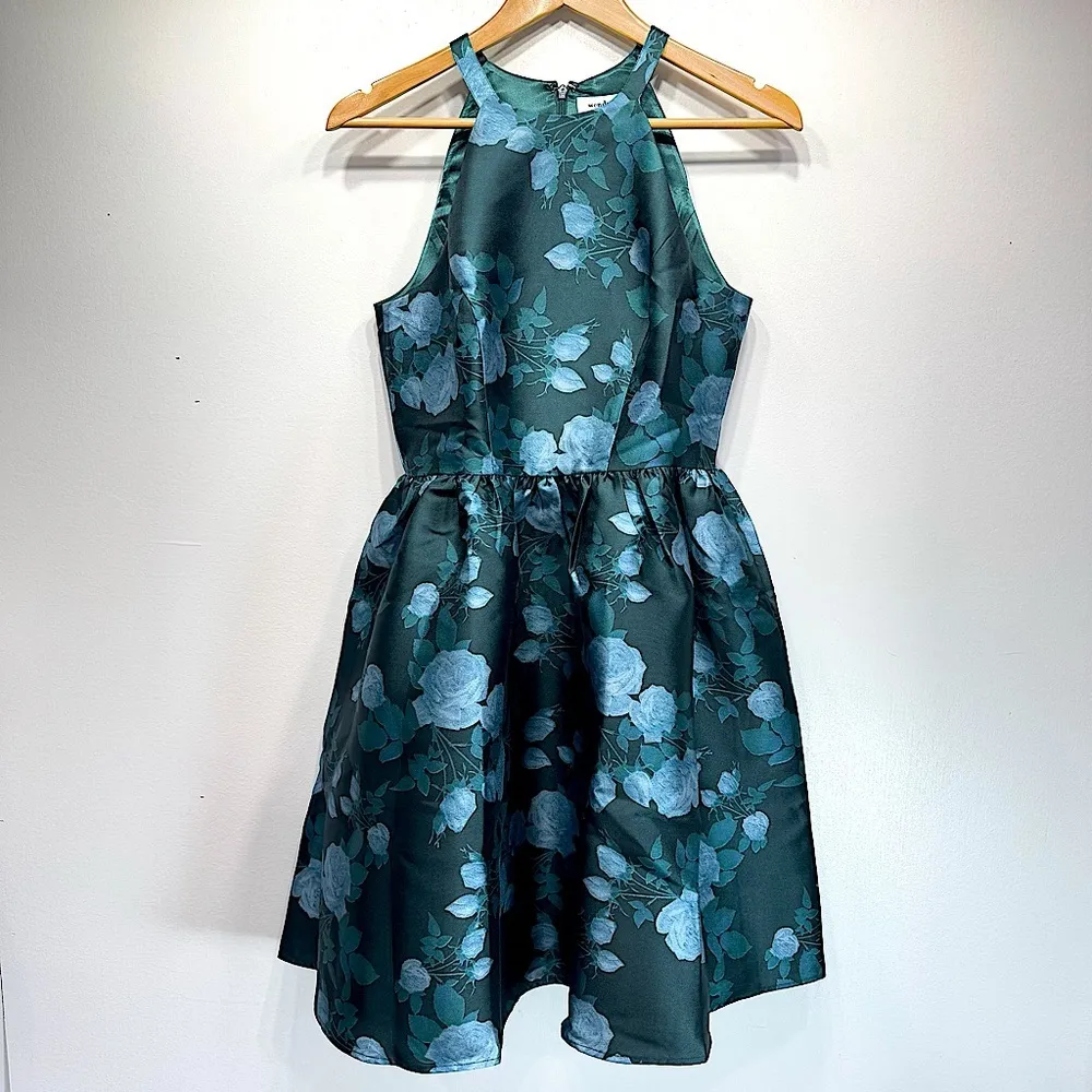 Wendy Bird Formal Party Dress Teal Blue Rose Print Satin Halter Neck Coquette - Image 2