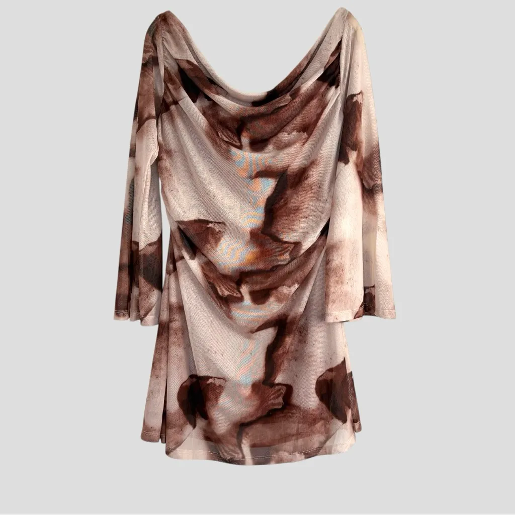 SHEIN BAE Mini Mesh Dress Sheer Cowl Neck Curve 2XL Mocha Cream Y2K Grunge Fairy Brown Size 2X - Image 2