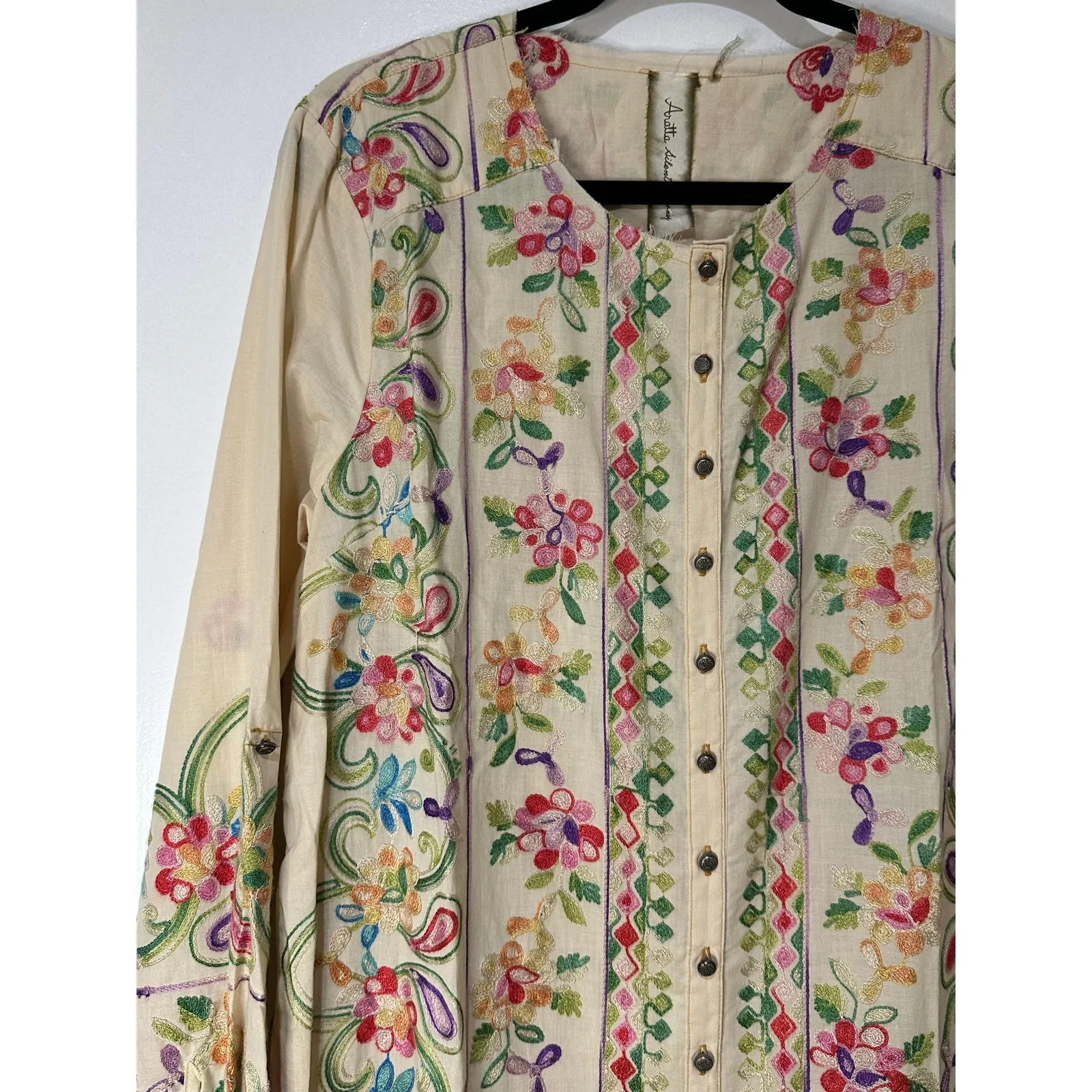 Aratta Silent Journey Collection Midi Dress Large NWT Cream Embroidered Florals Green - Image 3