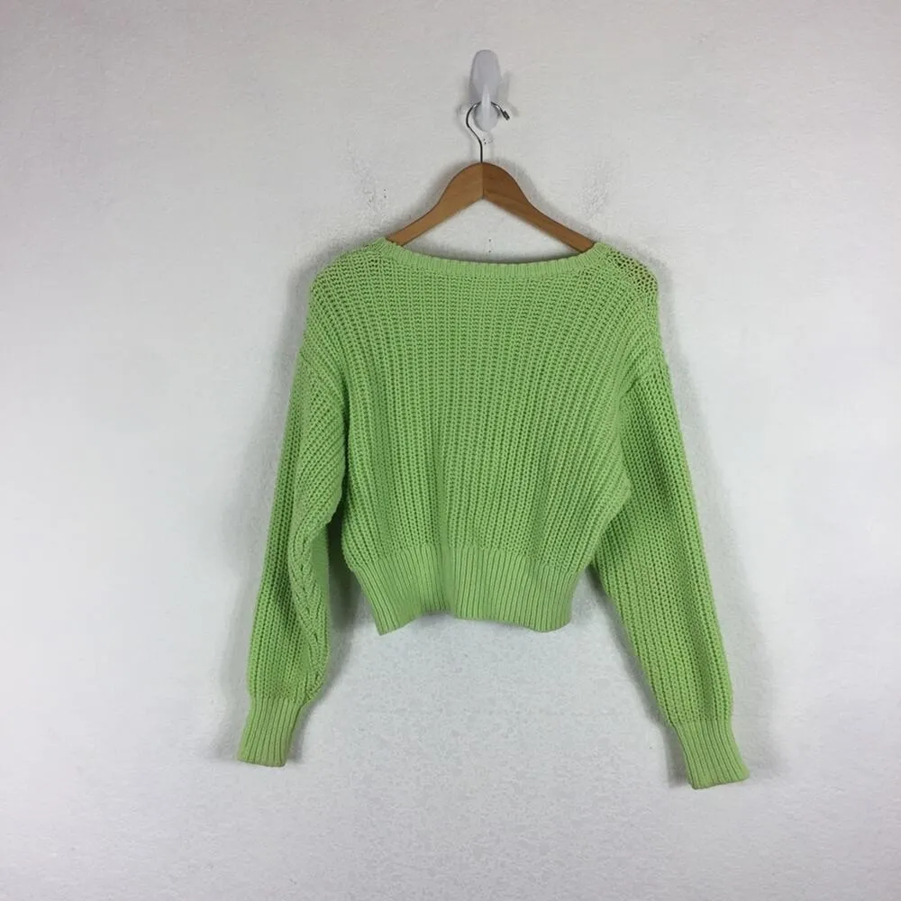 Aritzia TNA The Fisherman Sweater XS Neon Green Chunky Knit Cotton Cropped - Image 14