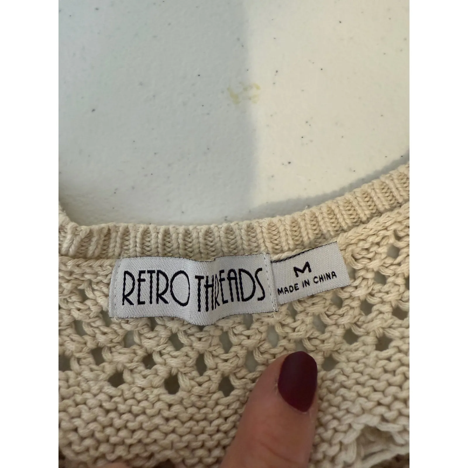 Retro Threads 100% Cotton Open Knit Crochet Sweater Beige Boho Beachy Size M Tan Size M - Image 2