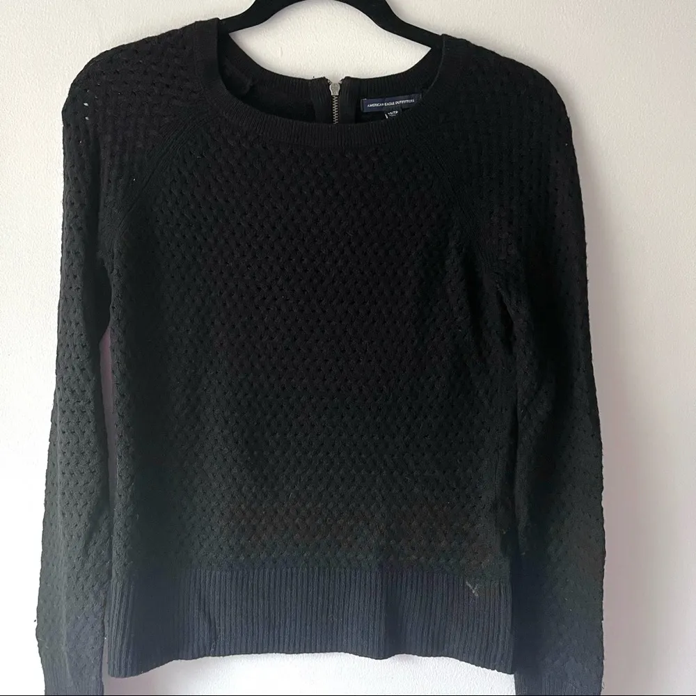 American Eagle Black Knit Crewneck Sweater with Zipper Detail - Image 2