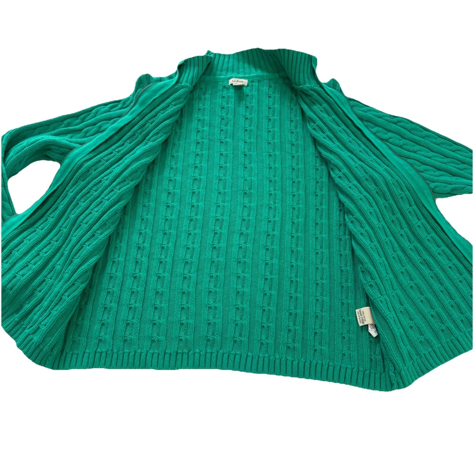 LL Bean Teal Mock Neck Full Zip Cable Cotton Cardigan Sweater Size LARGE PETITE Green - Image 6