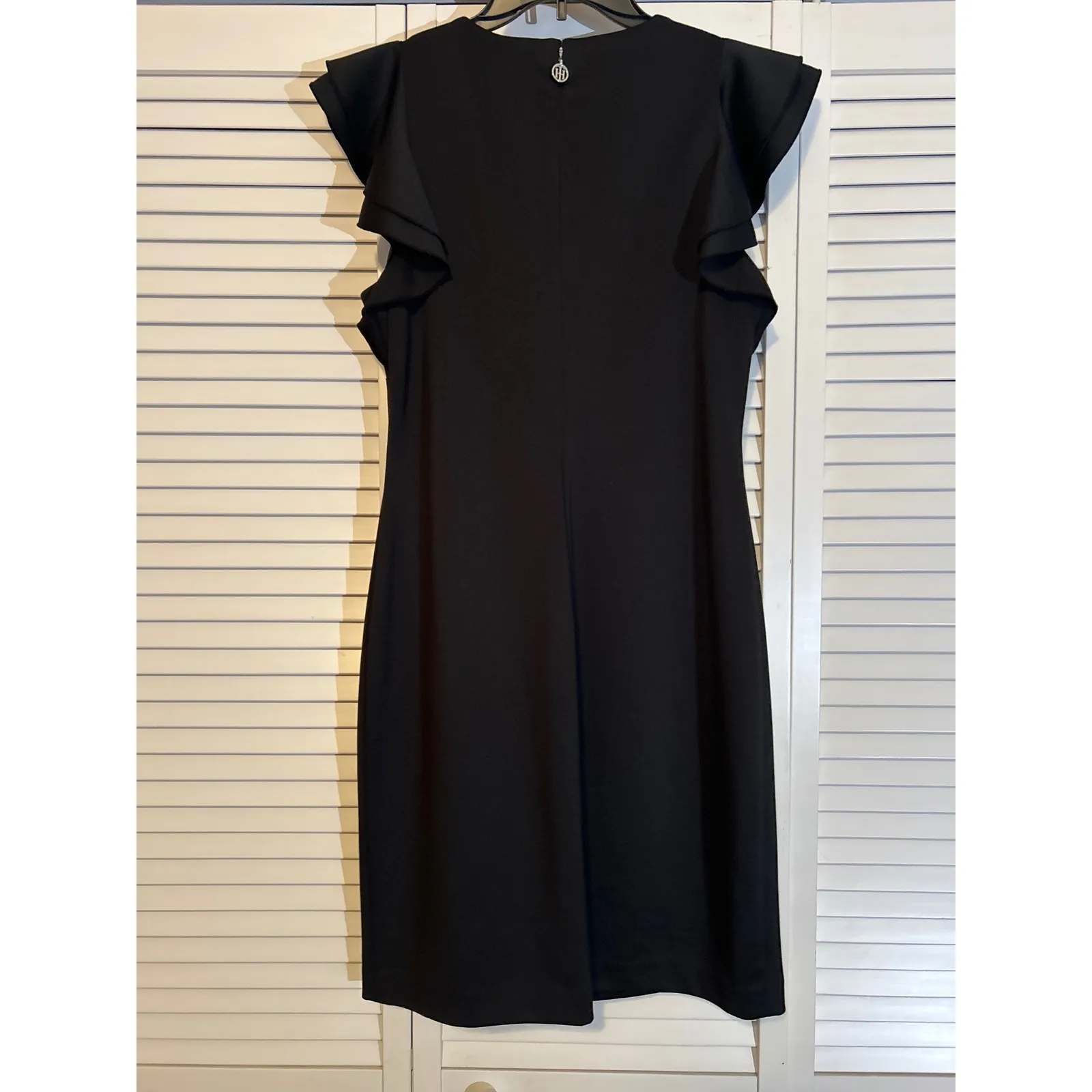 Tommy Hilfiger Black Flutter Sleeve Scuba Sheath Dress Knee Length Women 12 LBD - Image 5