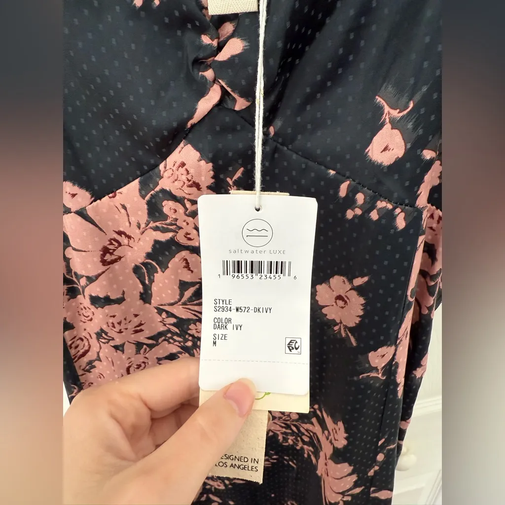 NWT Saltwater LUXE Alyvia Midi Dress Dark Ivy Floral Cottage Boho Smocked Puff M - Image 8