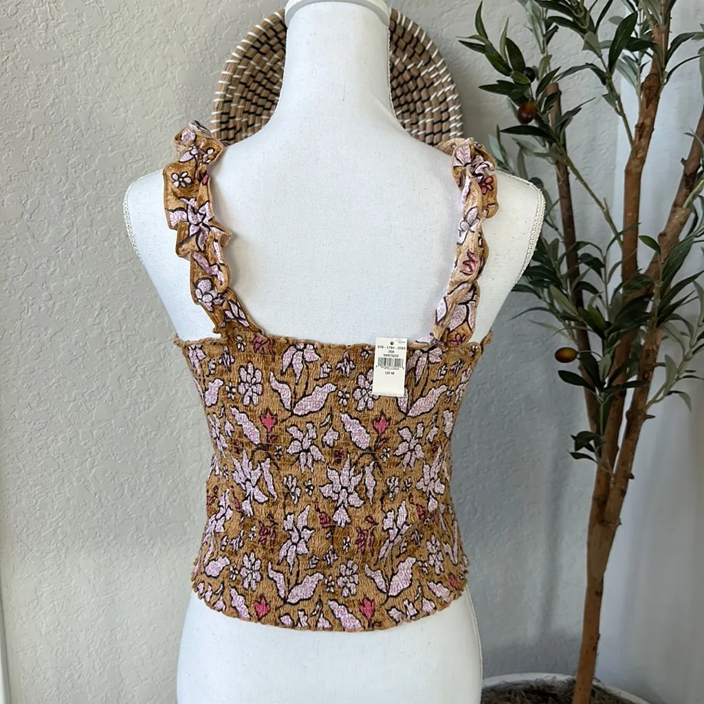 Aerie Floral Retro Print Smocked Crop Top Ruffle Straps NEW Size Medium - Image 5