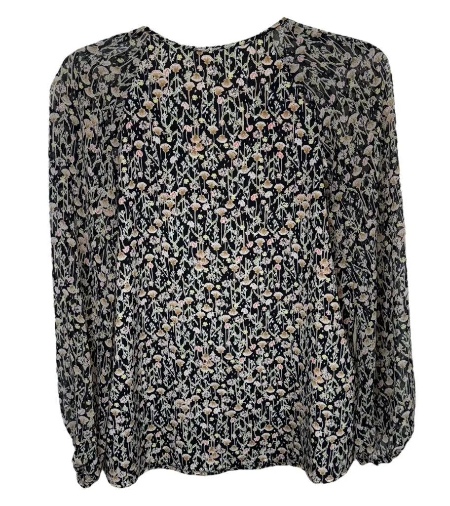 BCBGeneration Sz XXS Sheer Floral Long Sleeve Blouse Black Dandelion Tie Front - Image 2