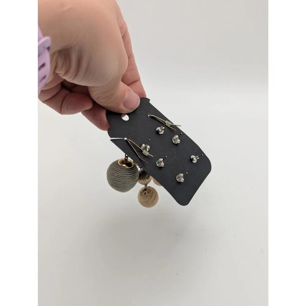 Thread Ball Earring Set Fabric Button Stud Dangle Earrings Blue Cream Red - Image 2