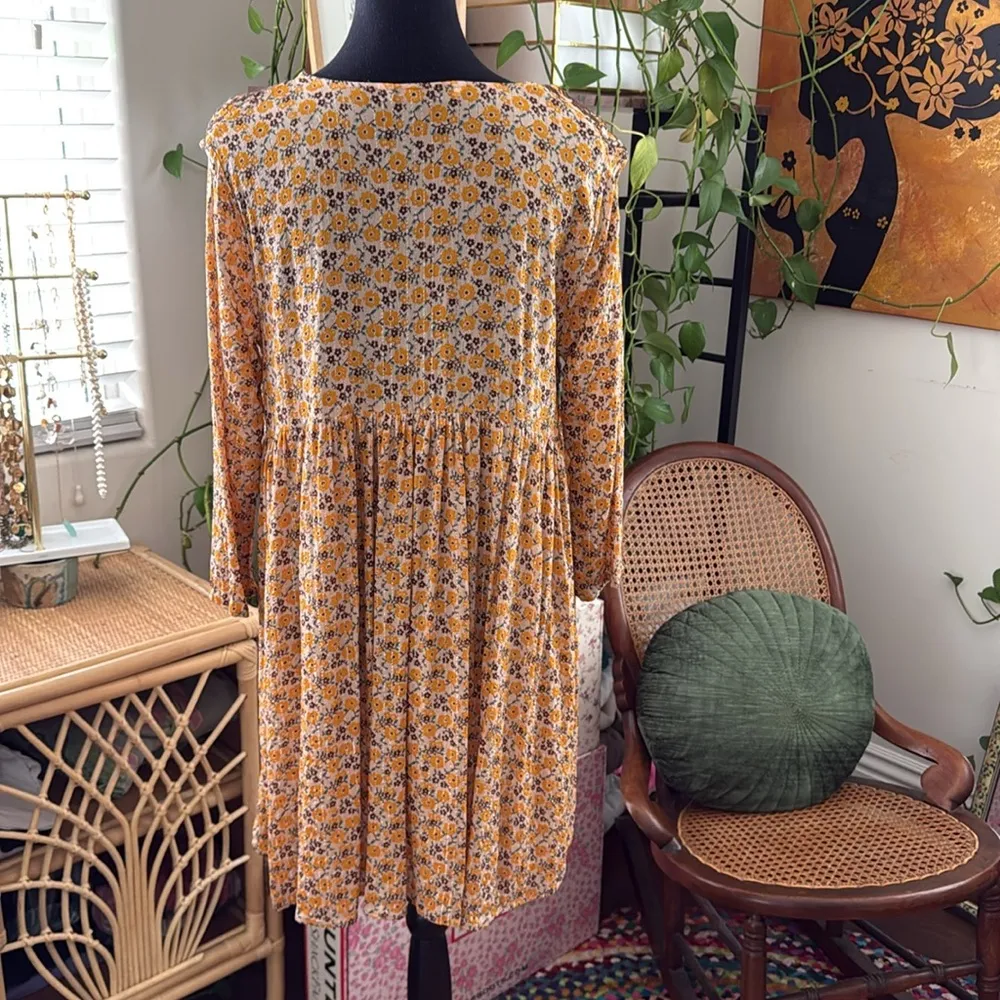 Zara Yellow & Brown Floral Paisley Embroidered Long Sleeve Babydoll Mini Dress - Image 2