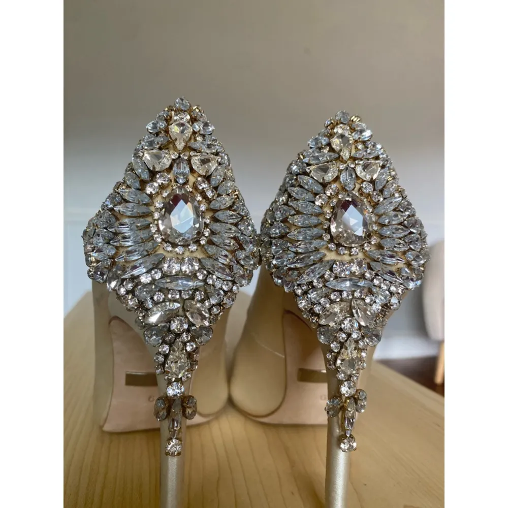 Badgley Mischka Crystal Jewel Heels Gold Satin Glam Bridal Bride Event Gala Sz 9 - Image 8