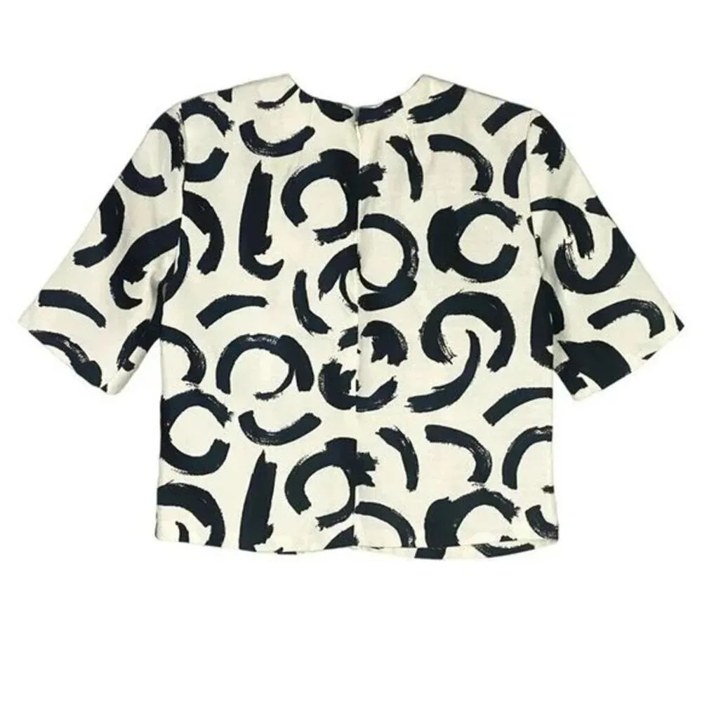 Zara Abstract Paint Stroke Boxy Blouse Short Sleeves Zip Up Back XS Black White - Image 12