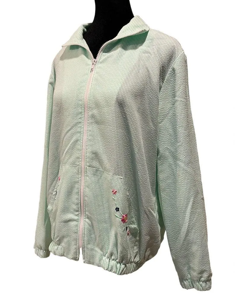 Blair Bright Green Preppy Coastal Seersucker Embroidered Boho Floral Zip Jacket - Image 2
