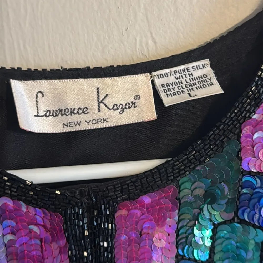 Vtg Laurence Kazar Silk Beaded Sequined Checkered Jacket cute Multicolor Size L - Image 5