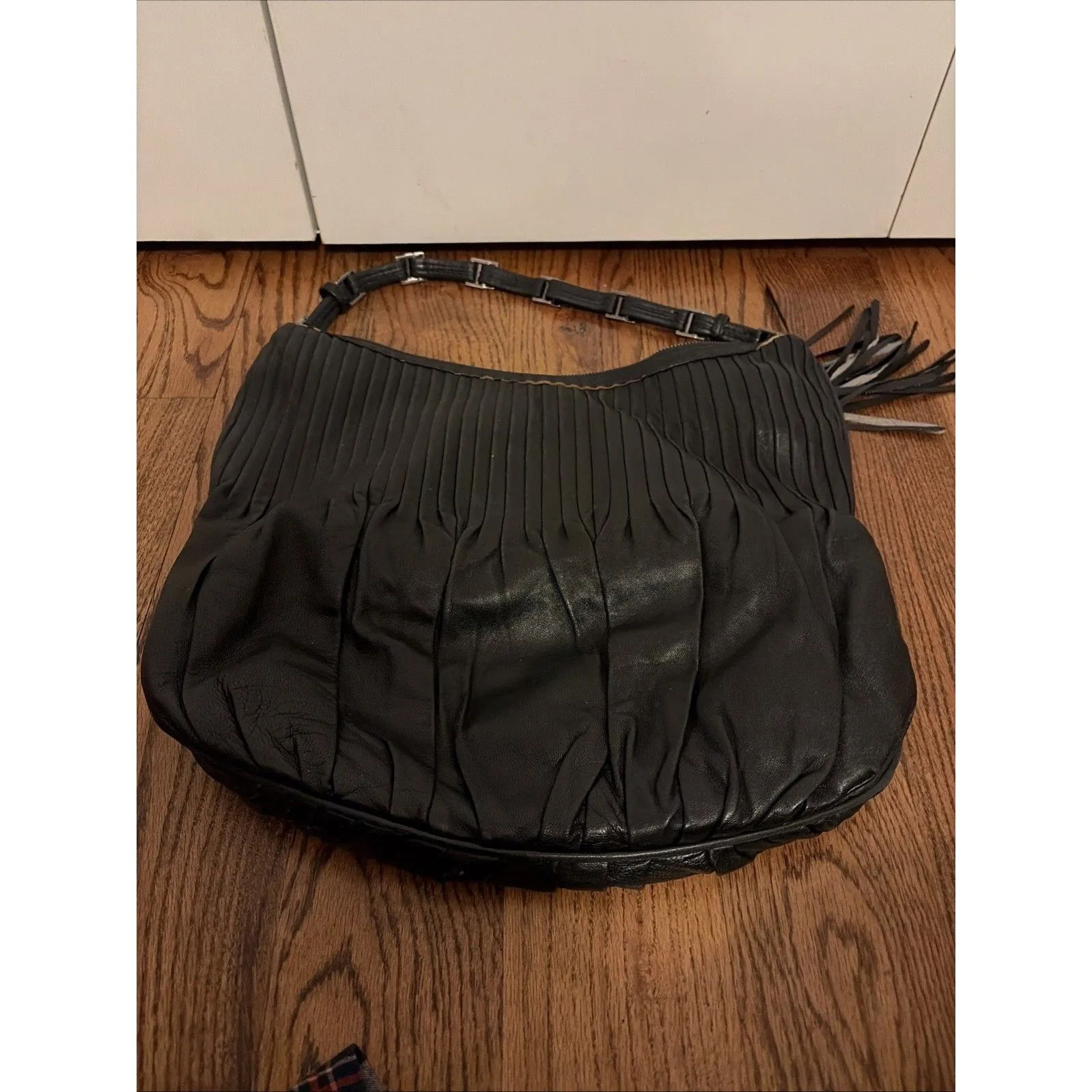 Vintage Cole Haan Amalfi Hobo Handbag Black Pleated Leather Tassel Shoulder Bag - Image 7