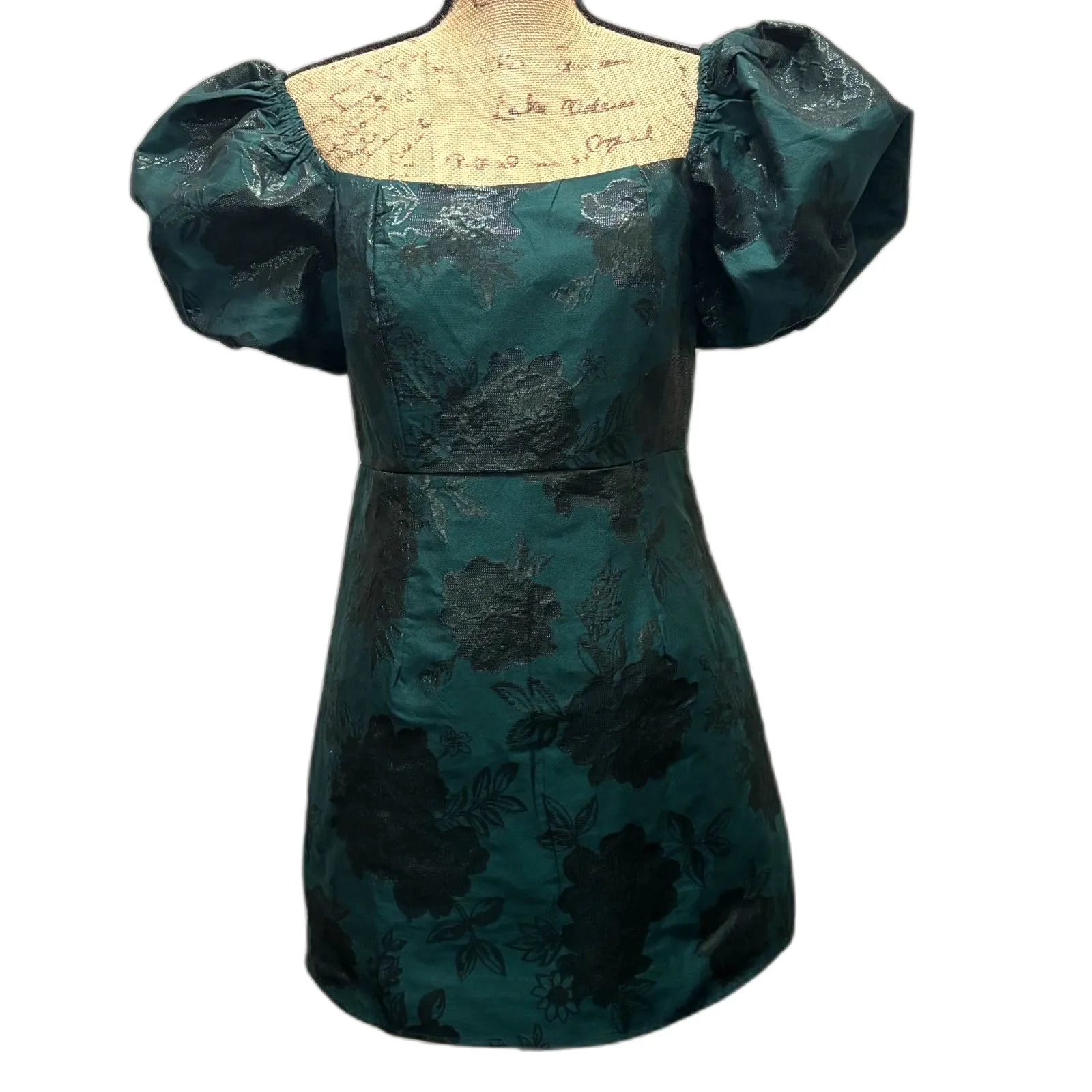 Altar'd State Lionella Puff Sleeve Mini Dress Green Black Floral Size‎ Medium - Image 2