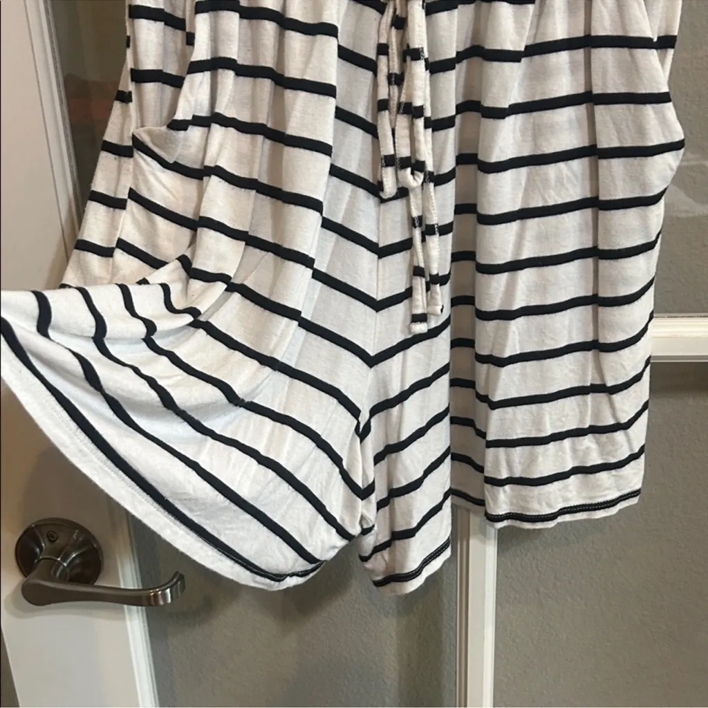 Zenana large Striped Black and White Women's romper round neck cuff sleeve - Image 2