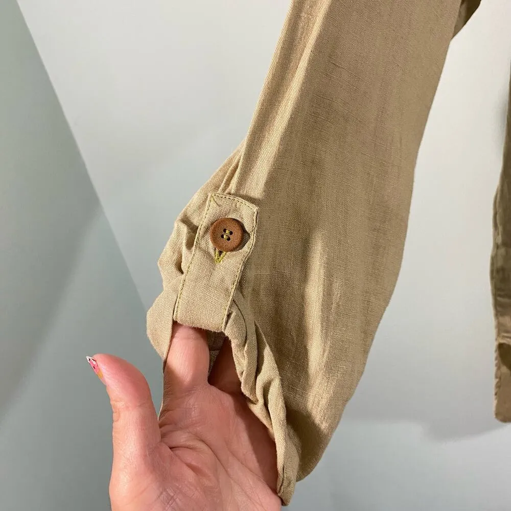 Flax Women's Greenish Brown Button Up Rolled Sleeves Tunic Linen Top Size S - Image 7