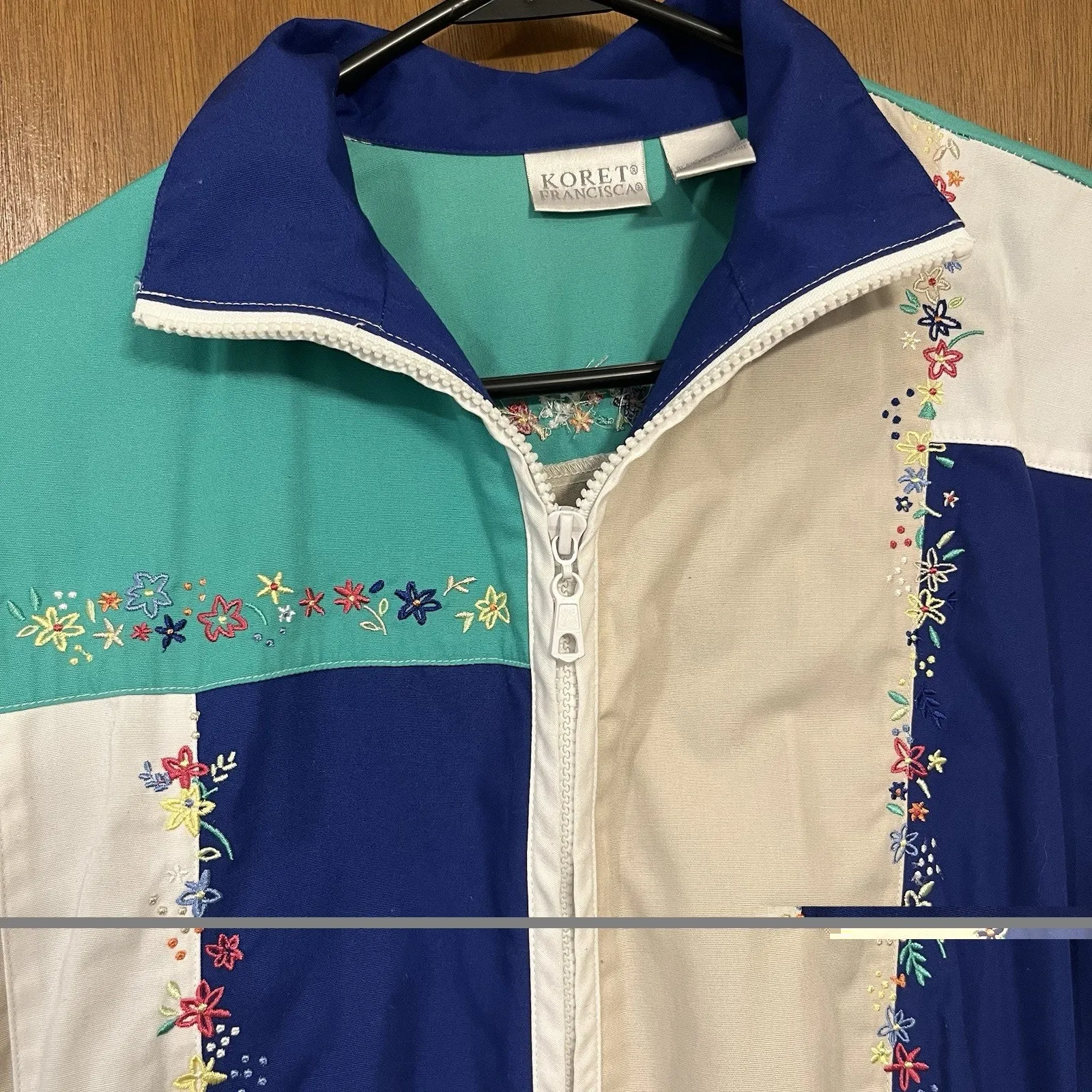 Vintage 90s Teal White Embroidered Floral Light Jacket Blue - Image 2