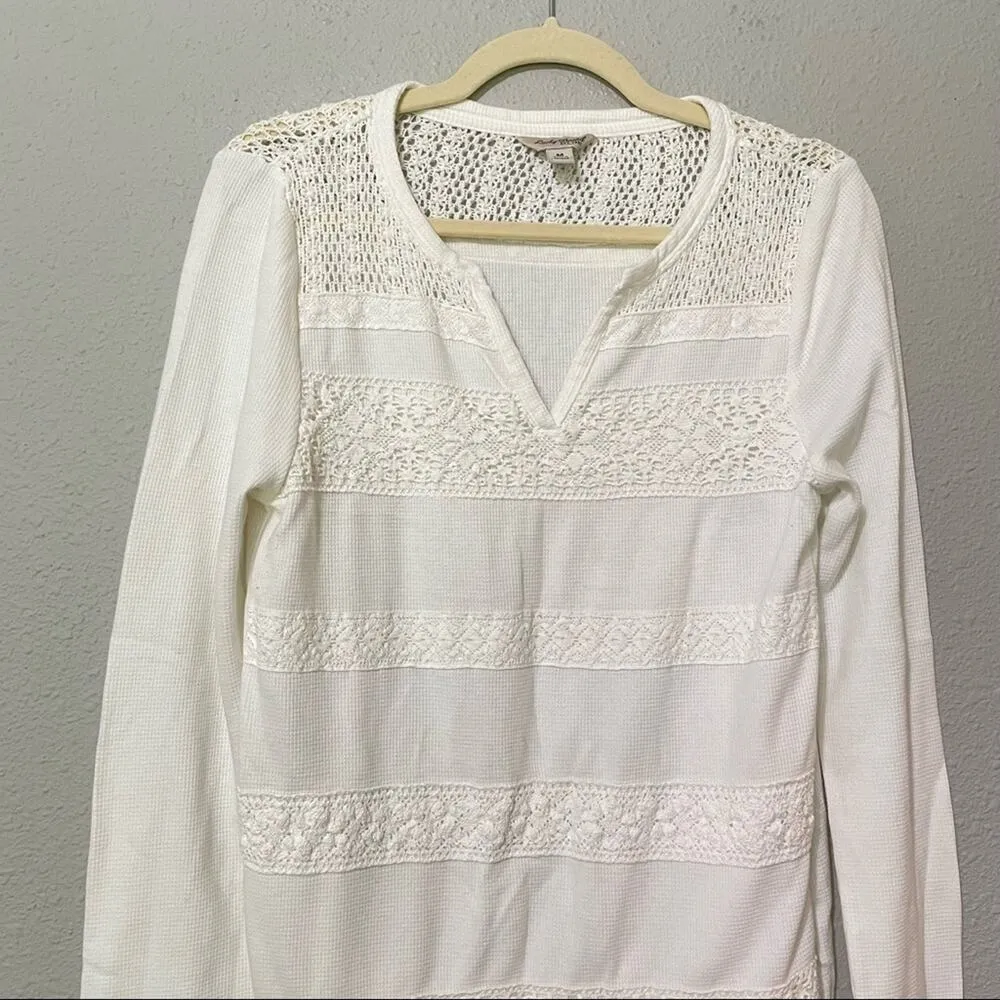 Lucky Brand White Long Sleeve Embroidered Blouse Boho Womens M Crochet Eyelet - Image 2